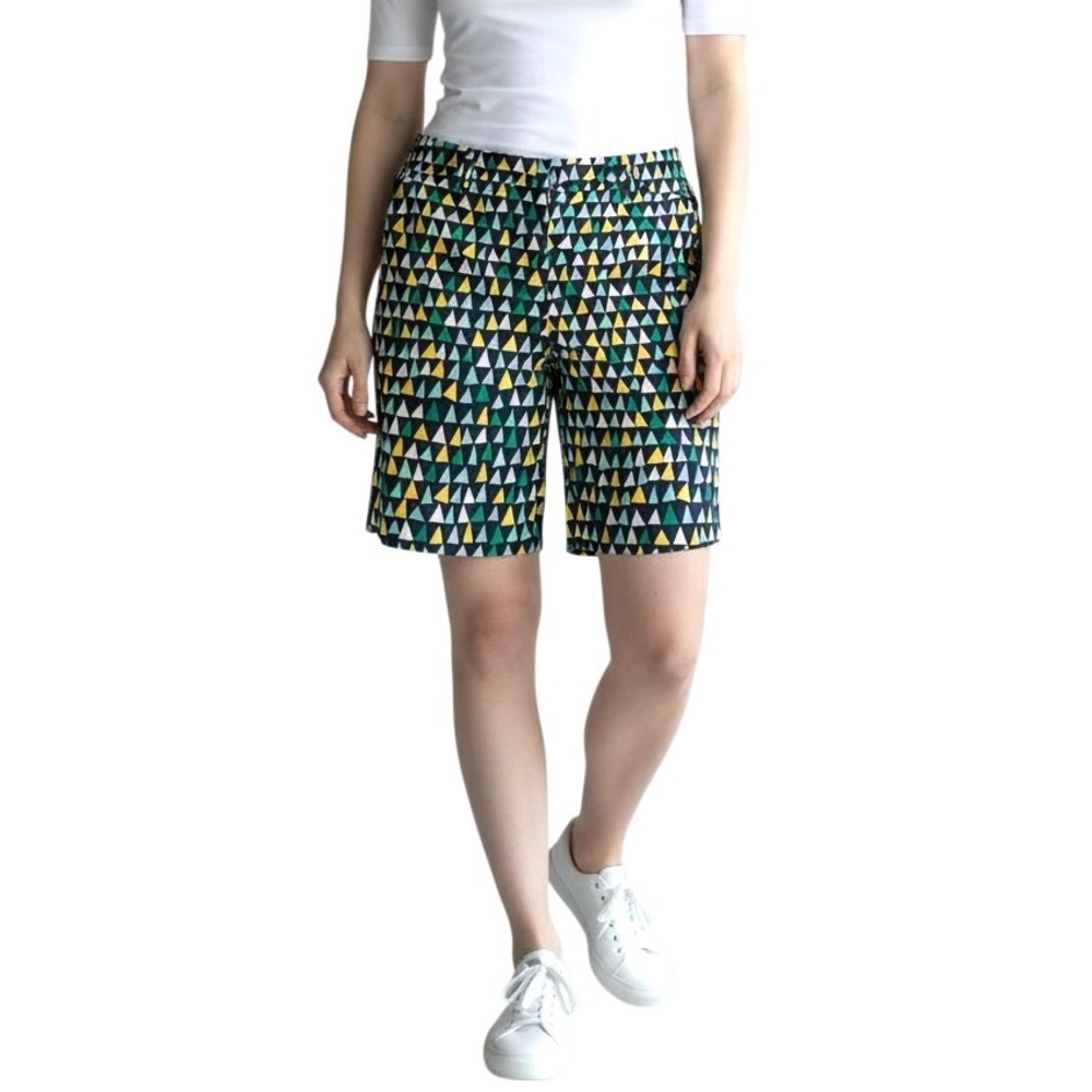 Talbots Perfect Short Womens 12 Navy Blue Green Yellow Triangle Print Bermuda